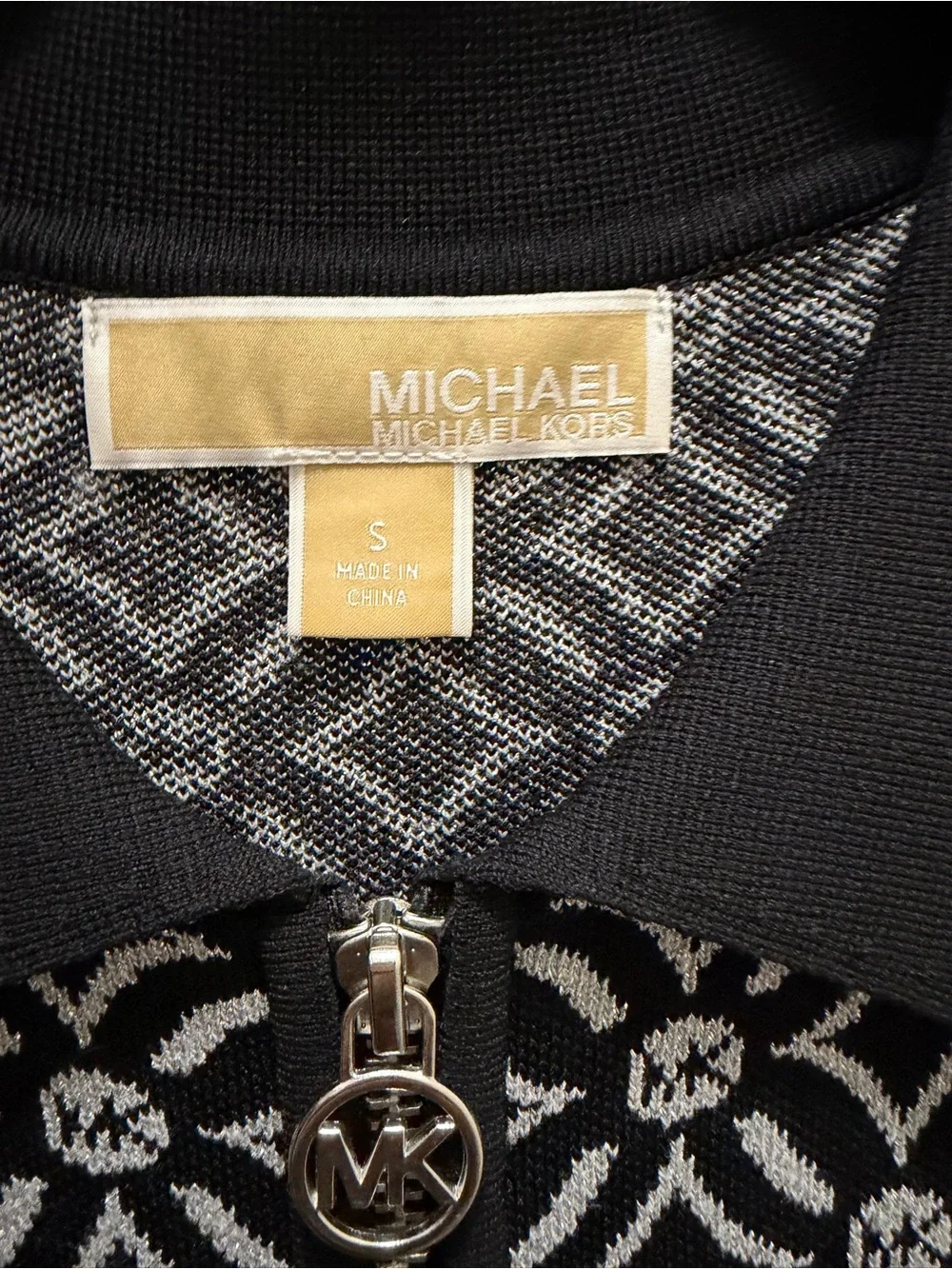 Michael Kors Black & White Geometric Knit Polo Midi Dress with Zip